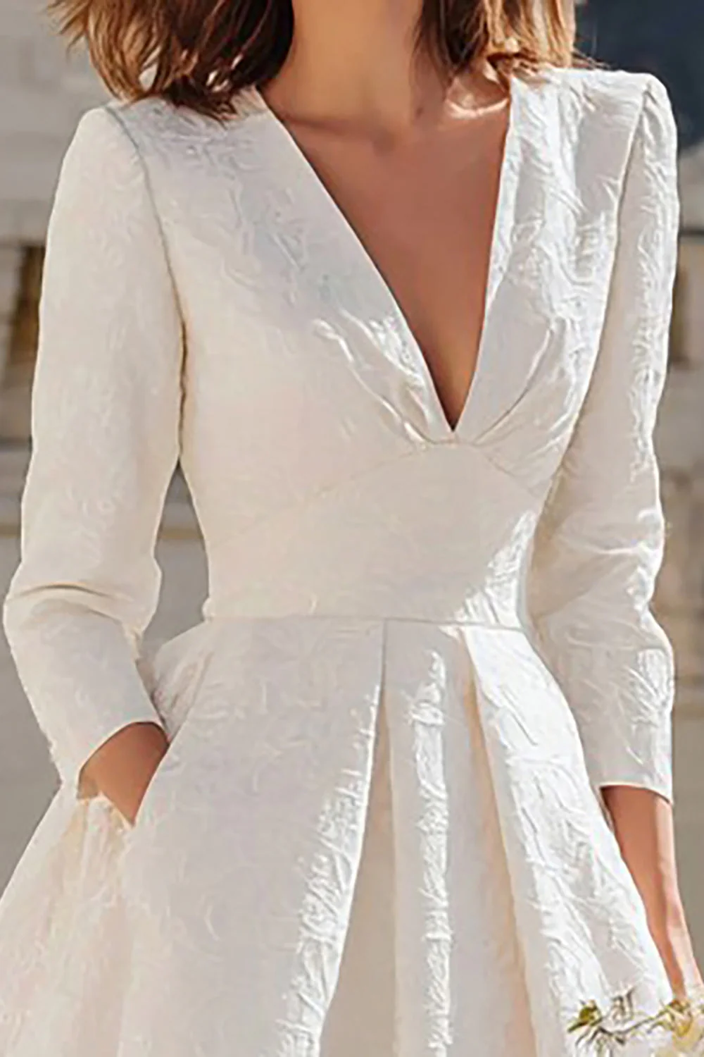Ivory A Line V-Neck Midi Engagement Dress with 3/4 Sleeves - Image 3