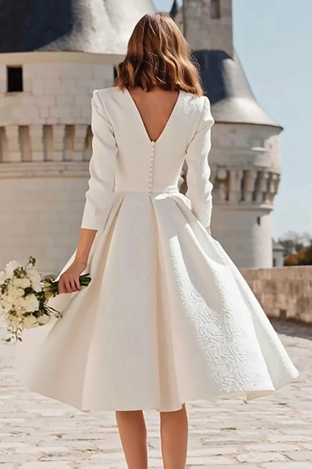Ivory A Line V Neck Midi Registry Office Wedding Dress - Image 2