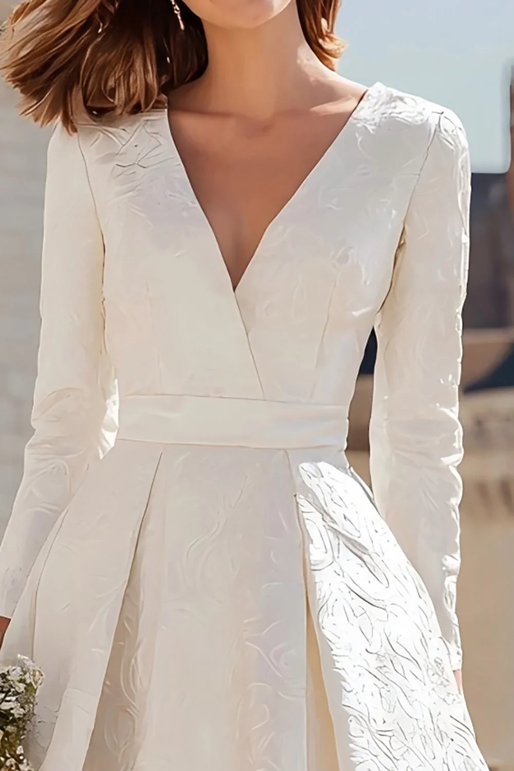 Ivory A Line V Neck Midi Registry Office Wedding Dress - Image 3