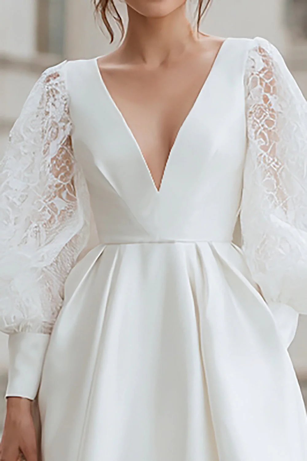 Ivory A-Line V-Neck Mini Satin Engagement Dress - Image 3
