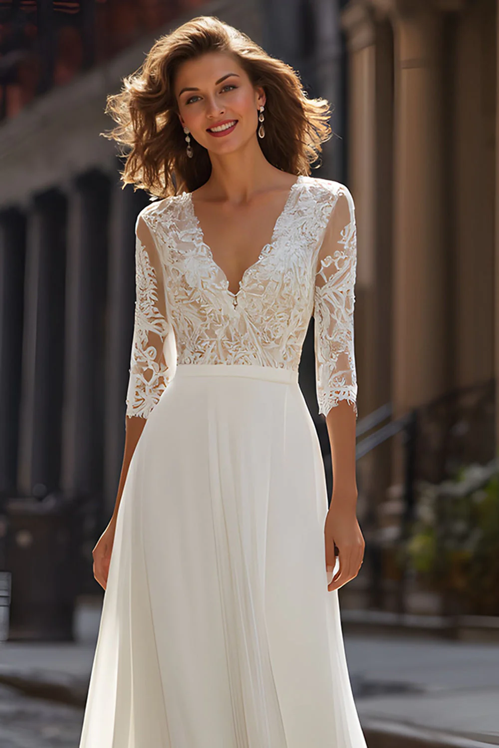 Ivory A Line V-Neck Sweep Train Wedding Dress with Lace - Image 2
