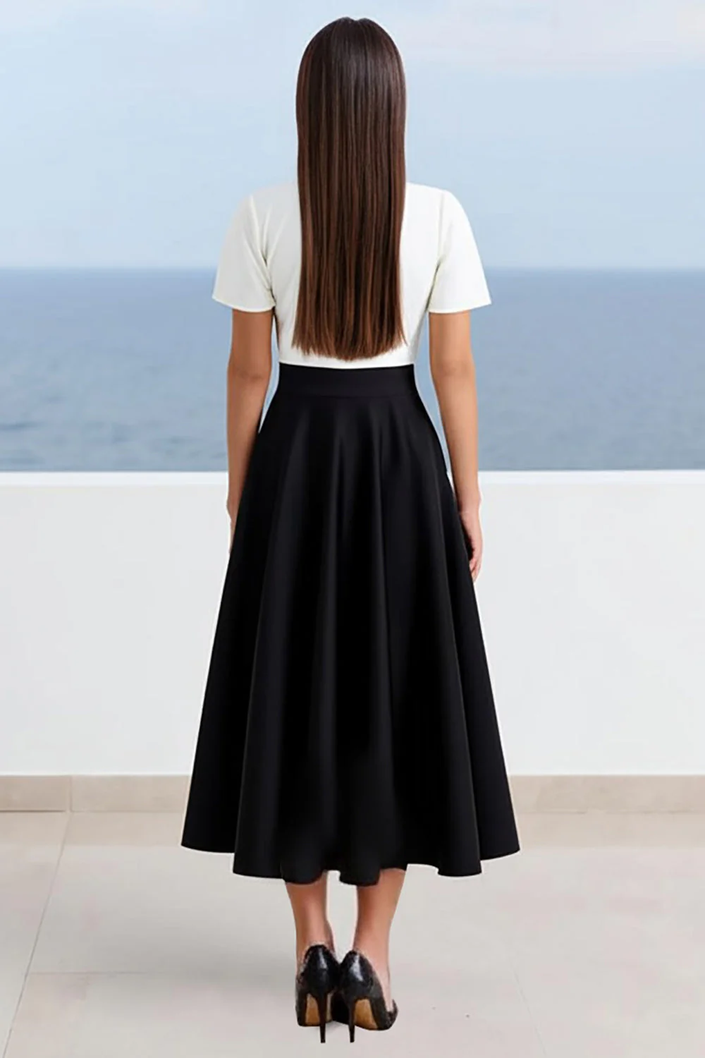 Ivory and Black Satin A Line Long Work Dress with Sleeves - Image 2
