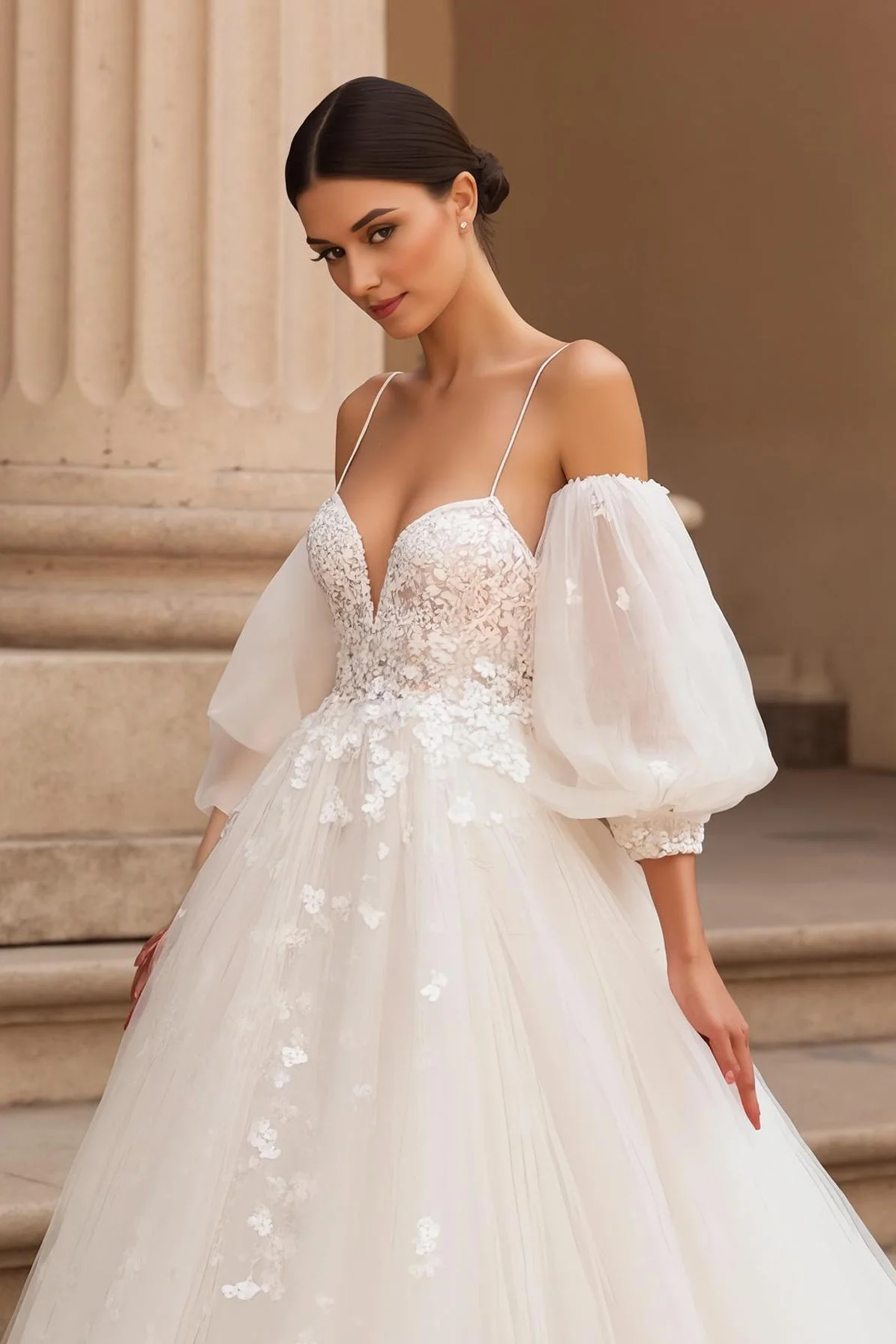 Ivory Appliqued A Line Sweep Train Wedding Dress - Image 3