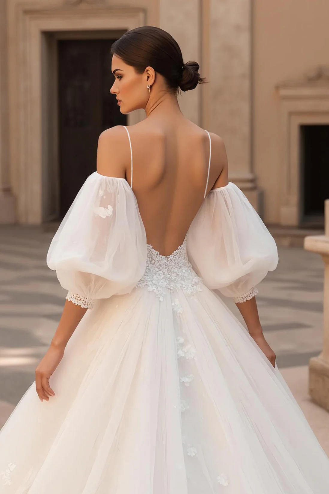 Ivory Appliqued A Line Sweep Train Wedding Dress - Image 4