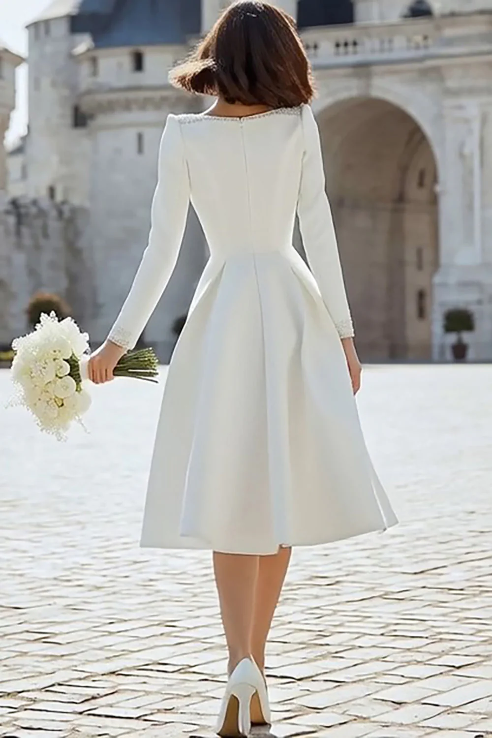 Ivory Beaded V Neck A Line Midi Engagement Dress - Image 2