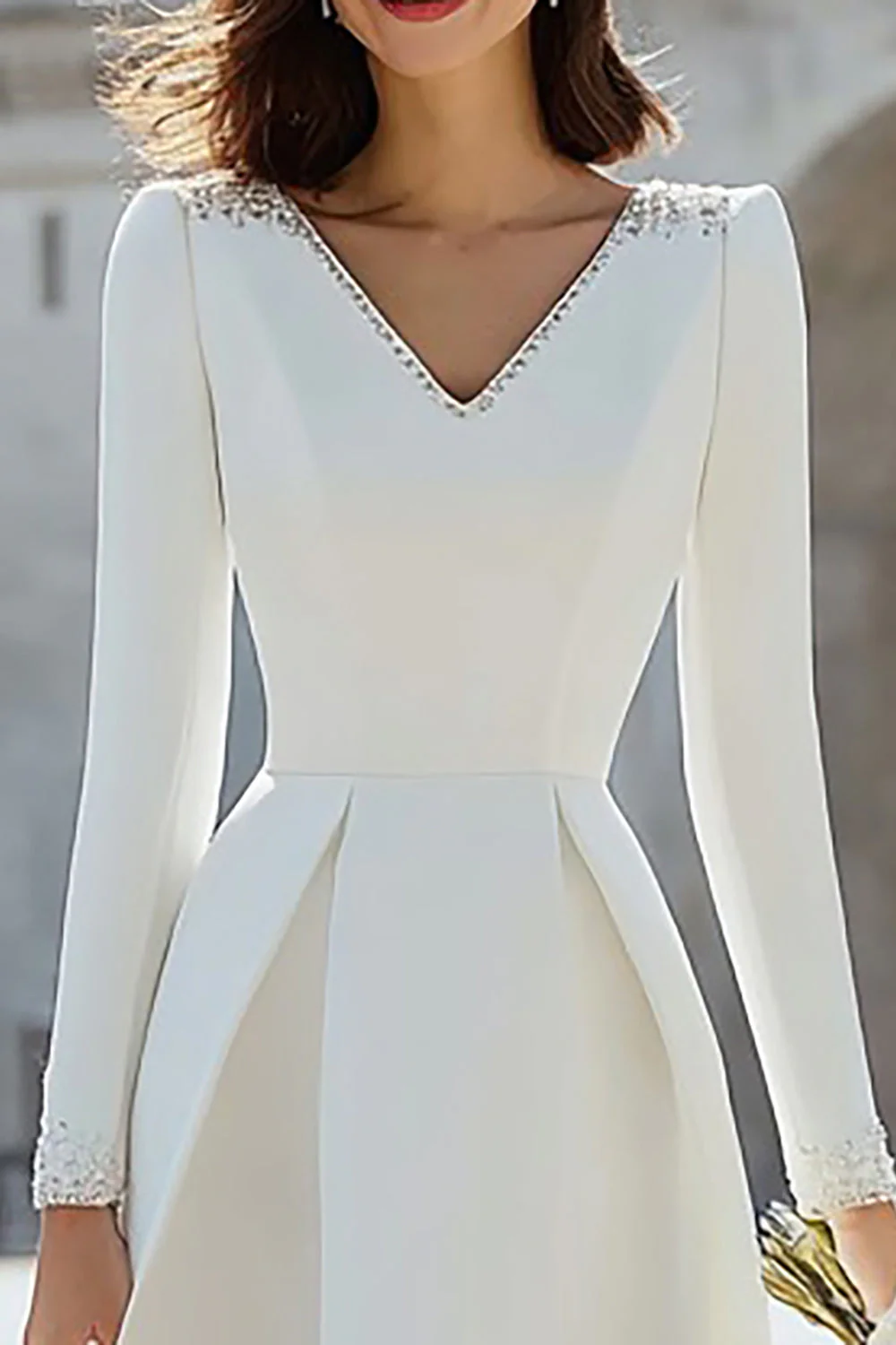Ivory Beaded V Neck A Line Midi Engagement Dress - Image 3