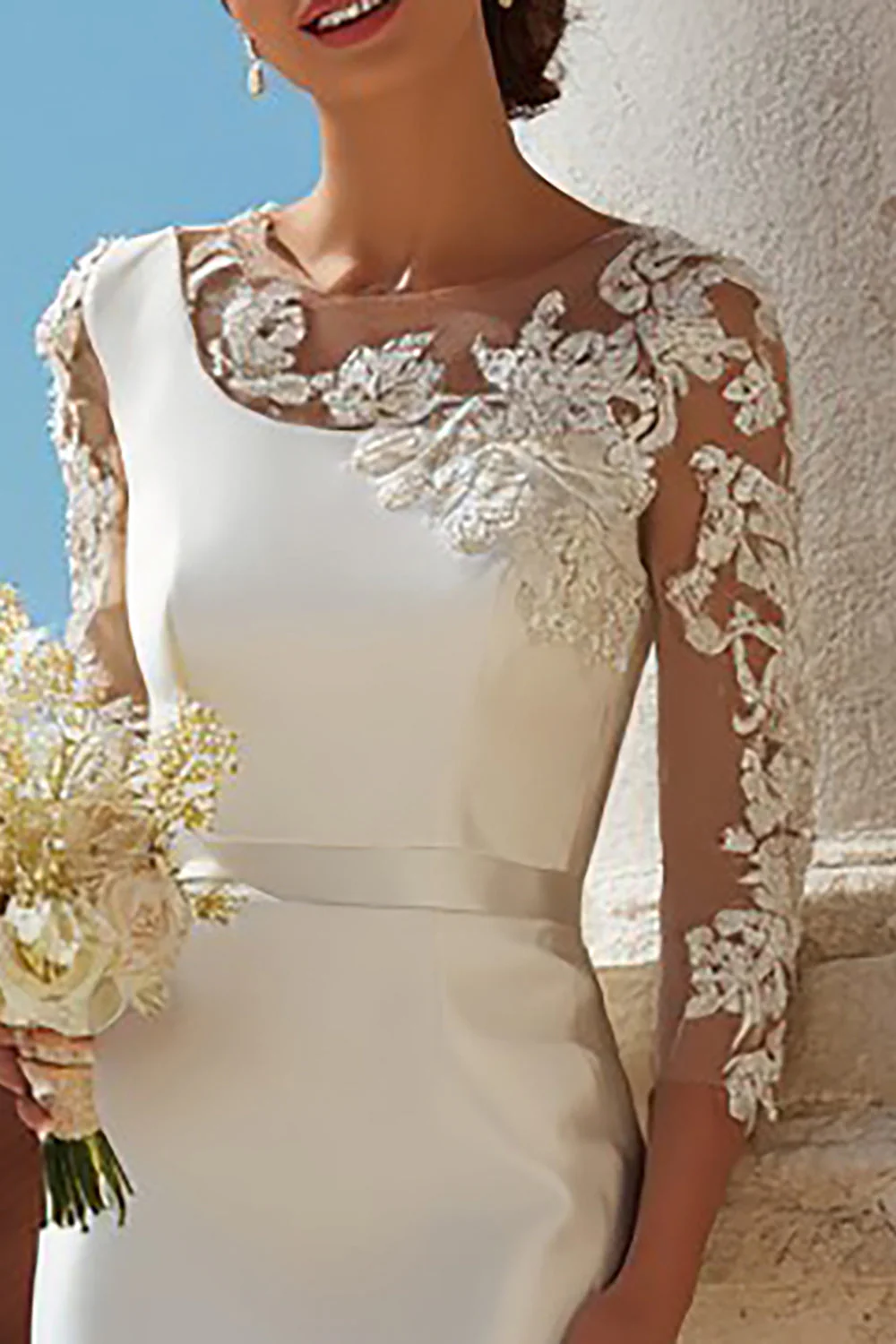 Ivory Bodycon 3/4 Sleeve Appliqued Midi Engagement Dress - Image 3