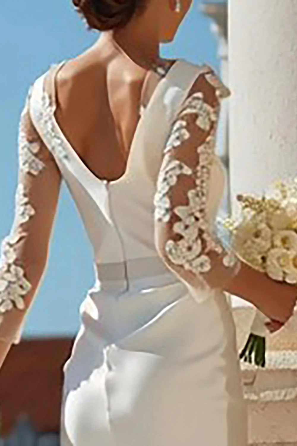 Ivory Bodycon 3/4 Sleeve Appliqued Midi Engagement Dress - Image 4