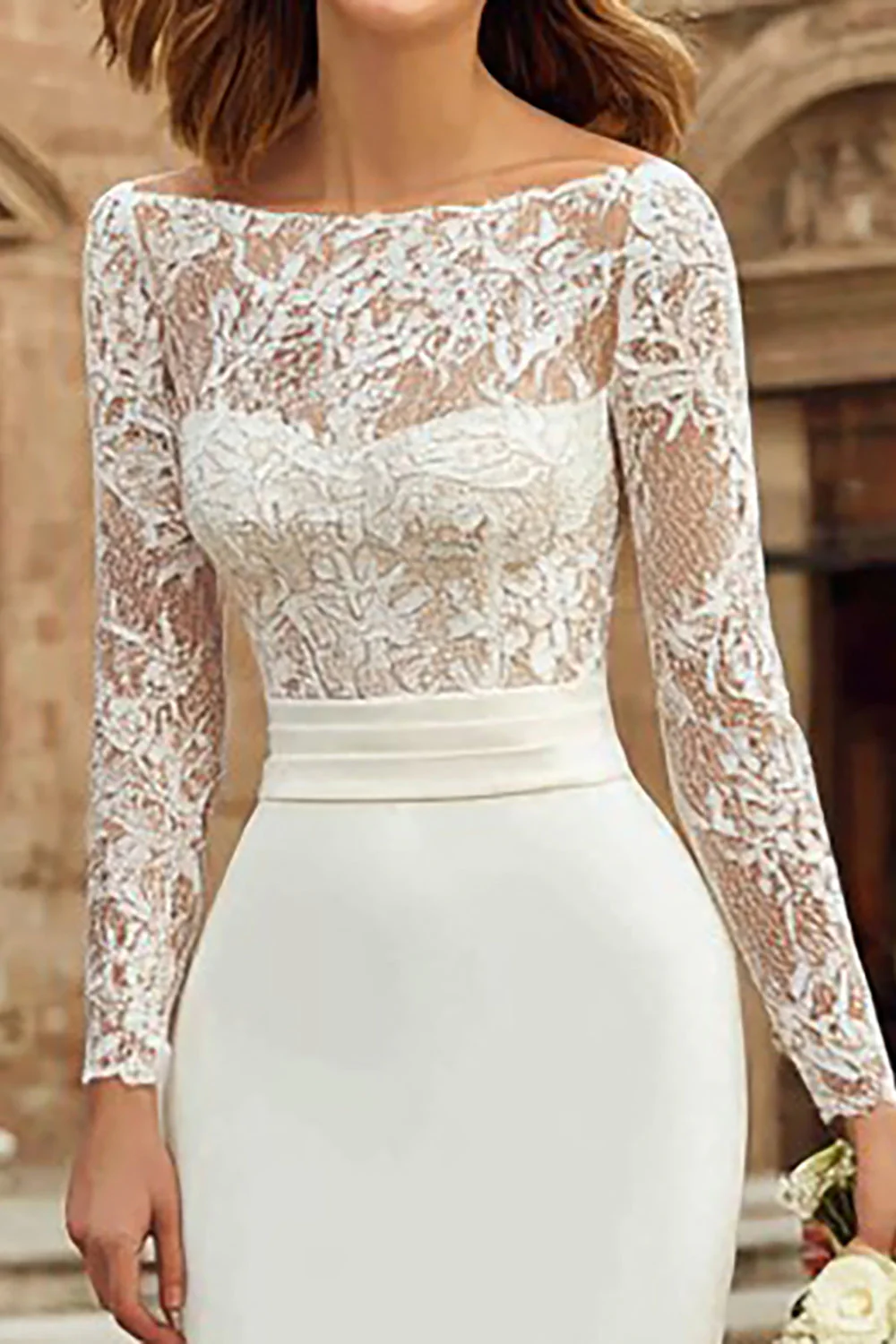 Ivory Bodycon Bateau Neck Midi Engagement Dress with Lace - Image 3