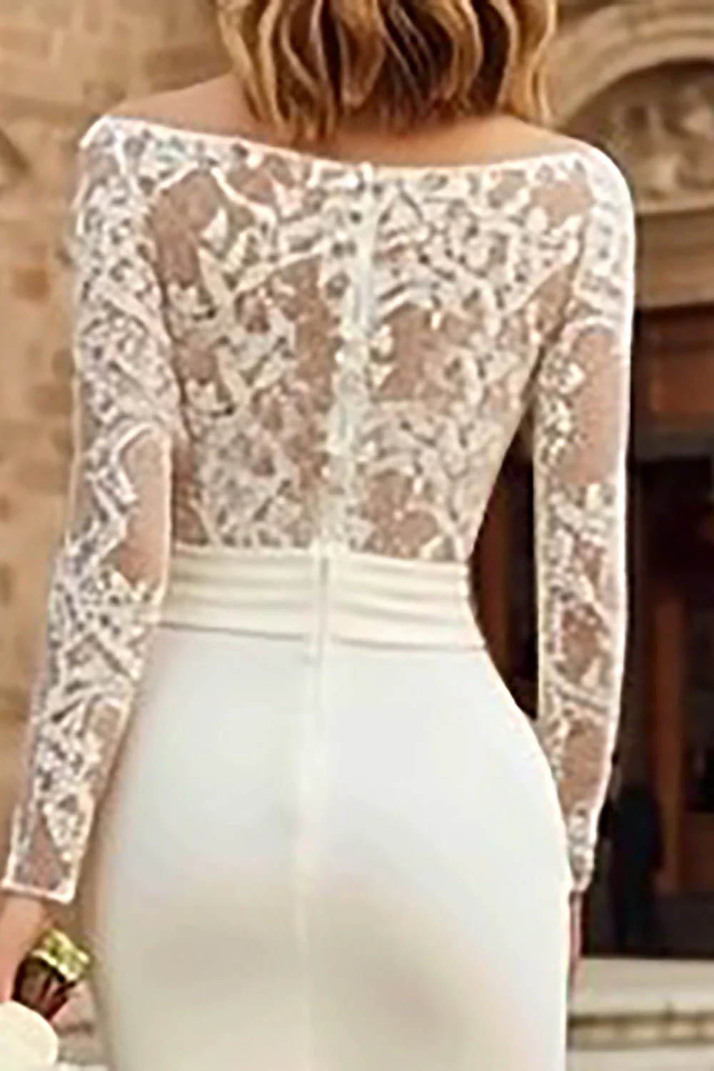 Ivory Bodycon Bateau Neck Midi Engagement Dress with Lace - Image 4