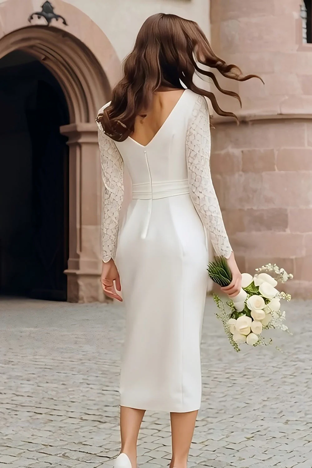 Ivory Bodycon Boat Neck Satin Courthouse Wedding Dress - Image 2