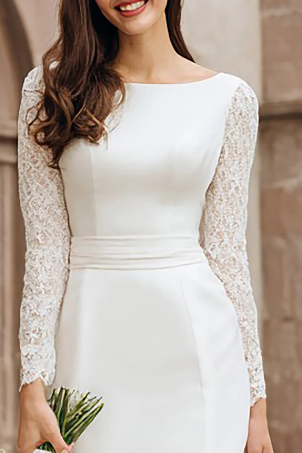 Ivory Bodycon Boat Neck Satin Courthouse Wedding Dress - Image 3