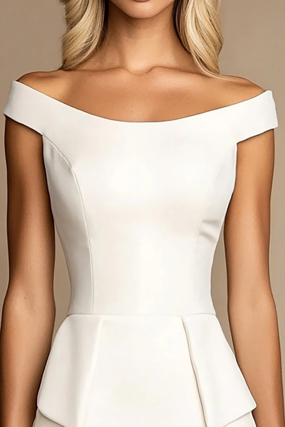 Ivory Bodycon Off the Shoulder Satin Short Work Dress - Image 2