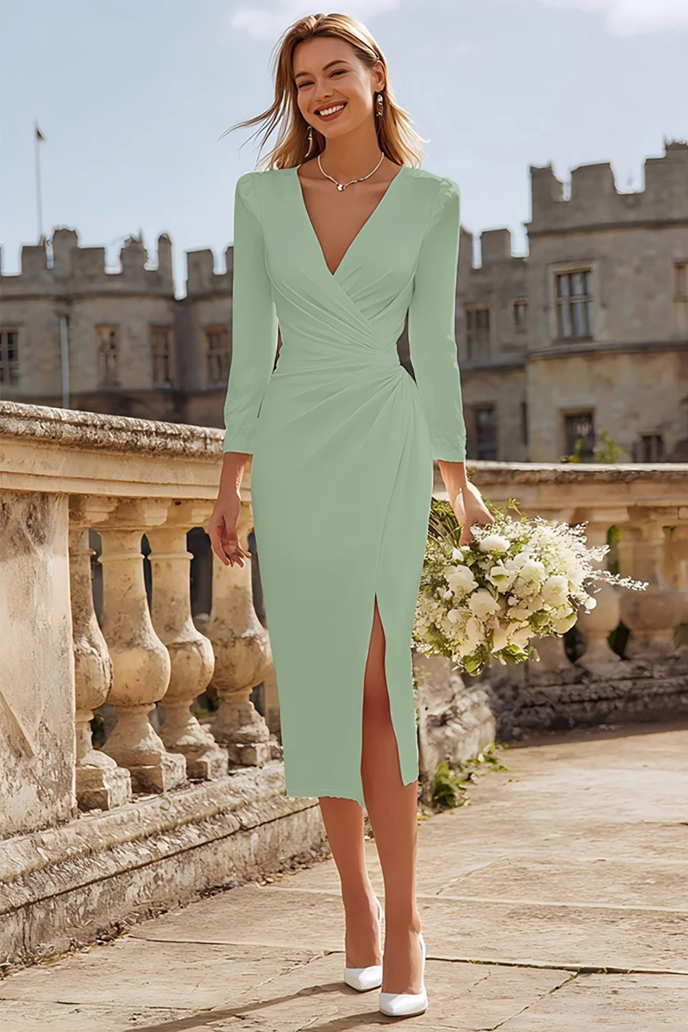 Ivory Bodycon Ruched V Neck Midi Engagement Dress with Slit - Image 6