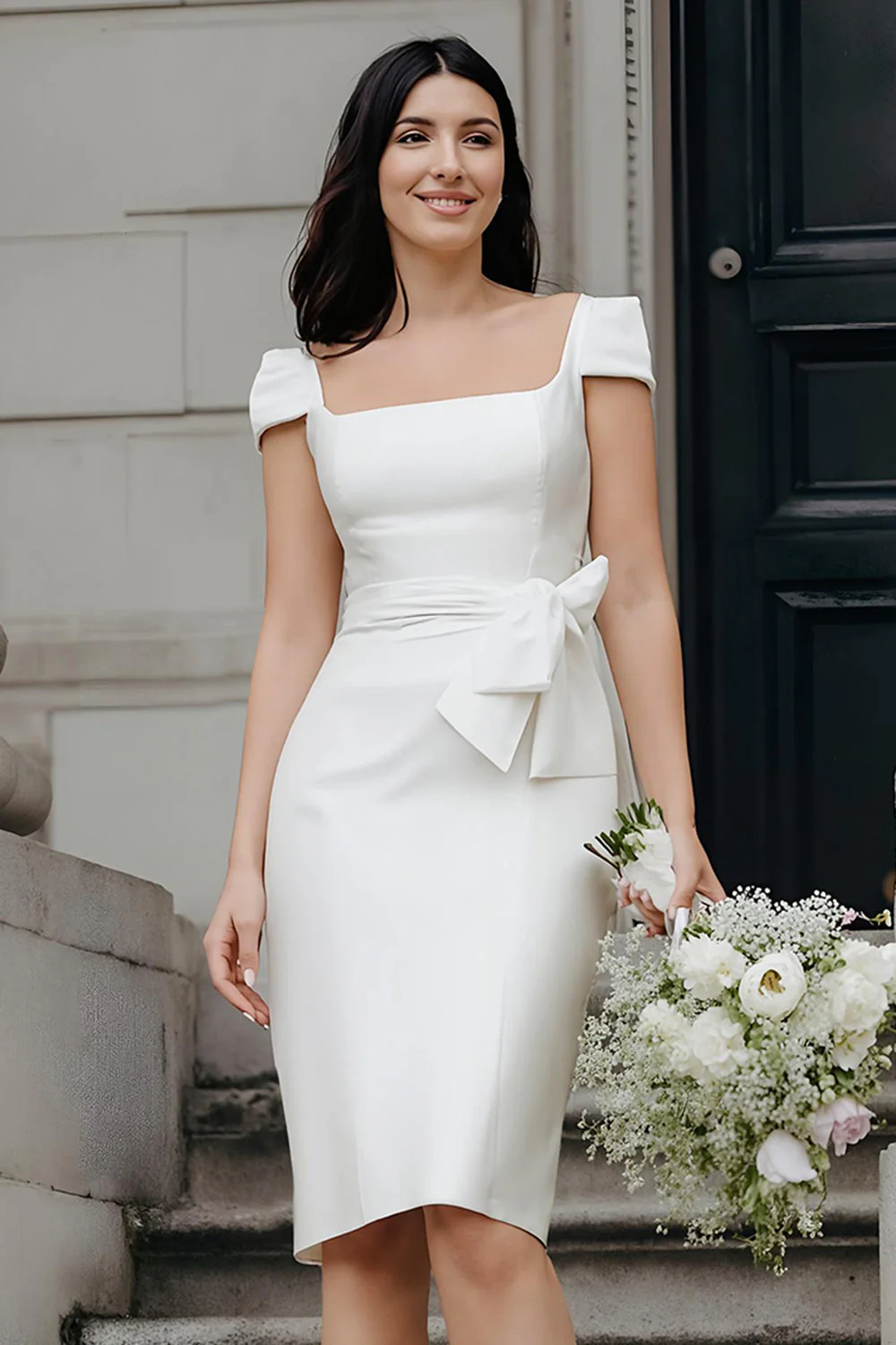 Ivory Bodycon Square Neck Midi Wedding Dress - Image 2