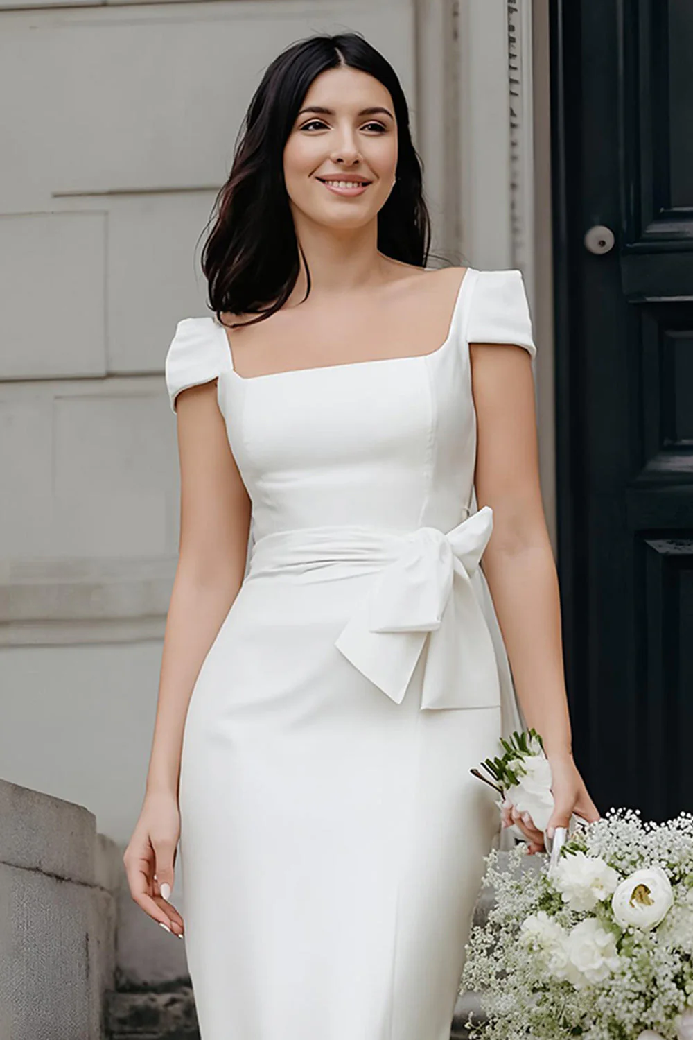 Ivory Bodycon Square Neck Midi Wedding Dress - Image 3