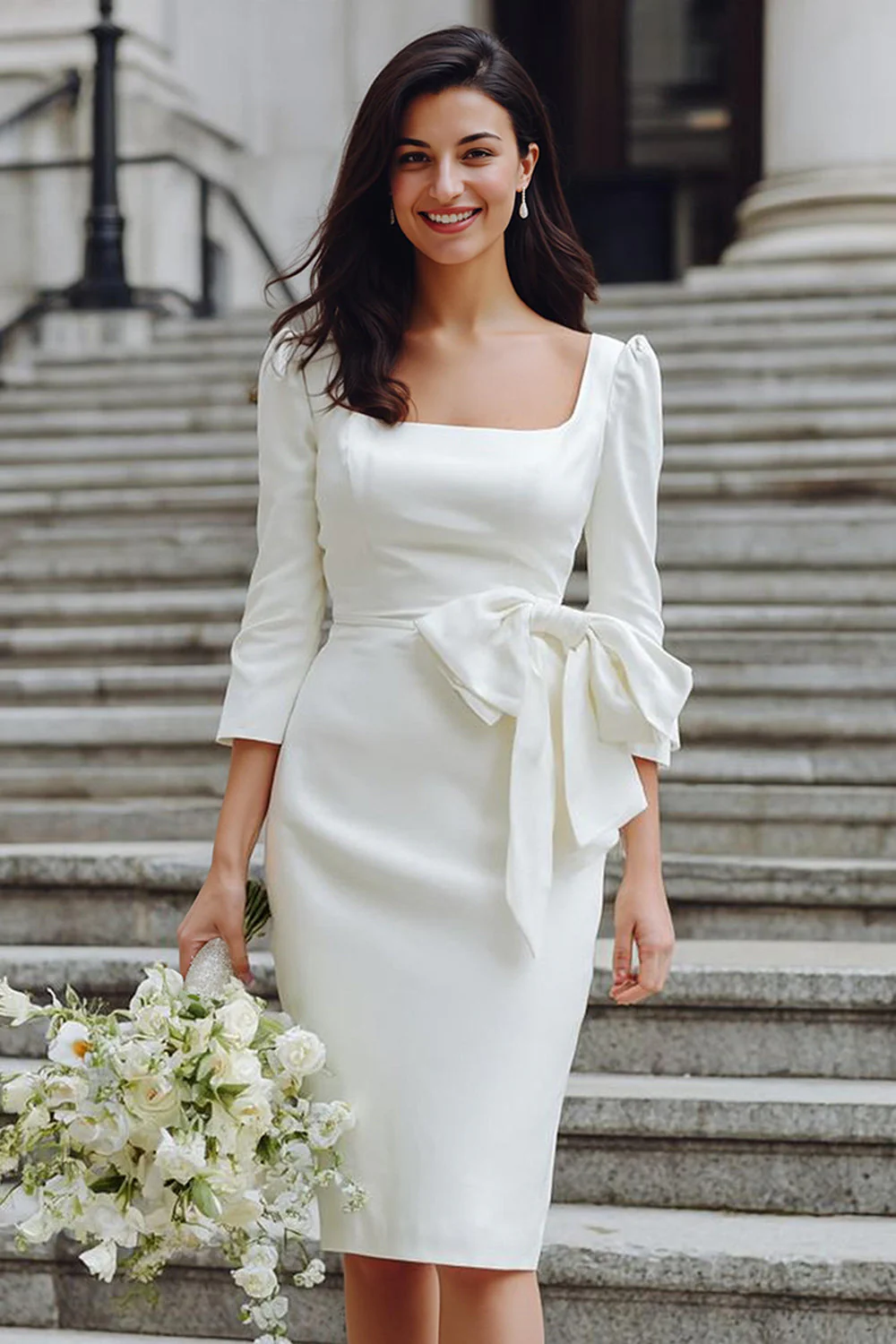 Ivory Bodycon Square Neck Midi Wedding Dress with Sleeves - Image 3
