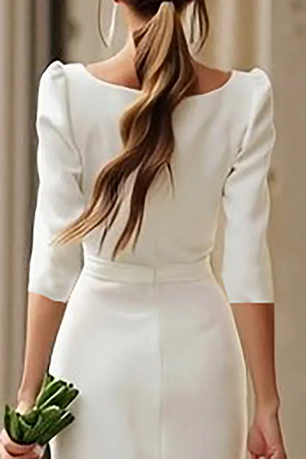 Ivory Bodycon Square Neck Tea Length Engagement Dress with Slit - Image 4