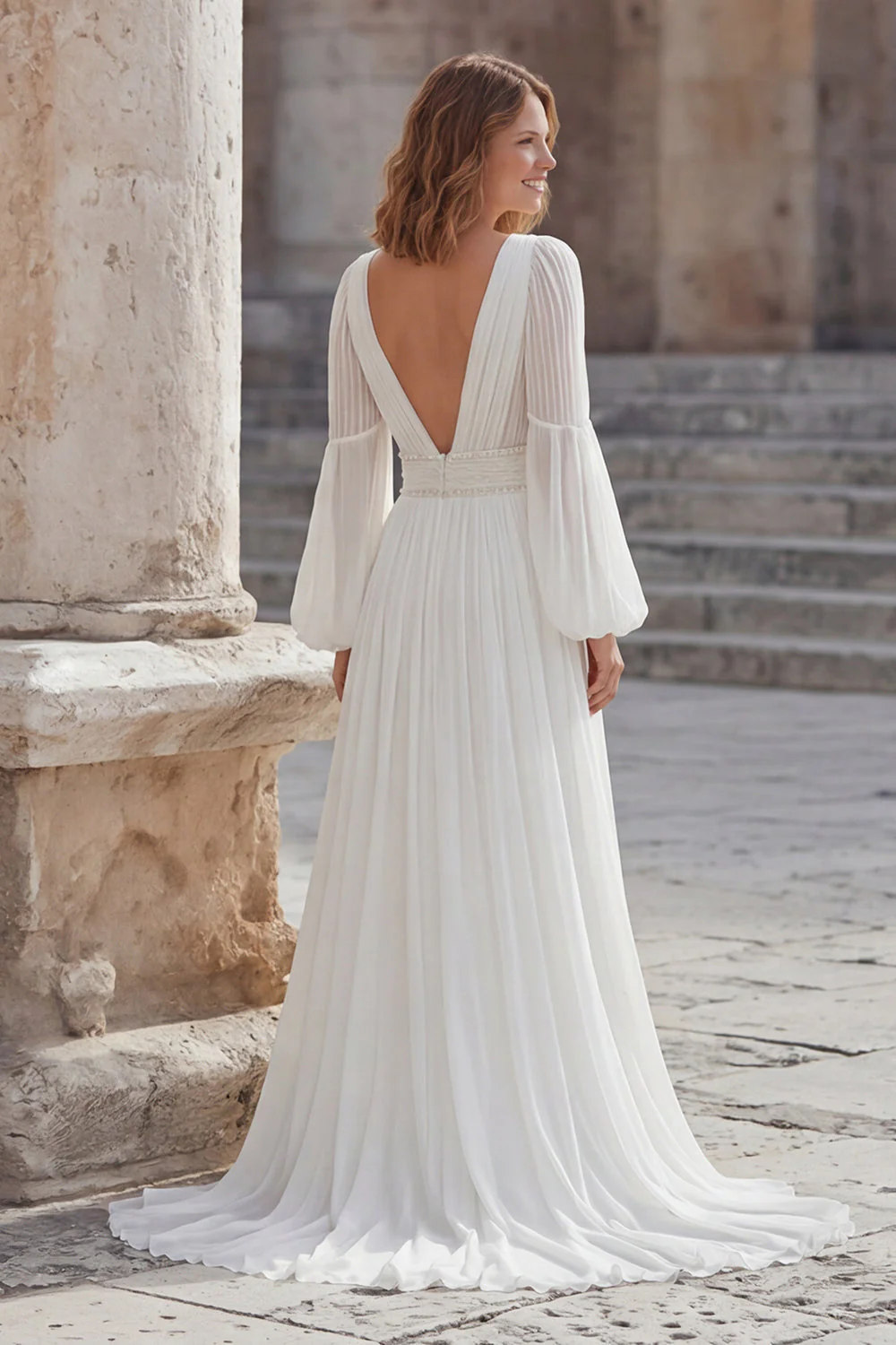Ivory Chiffon A Line Long Wedding Dress with Slit - Image 2