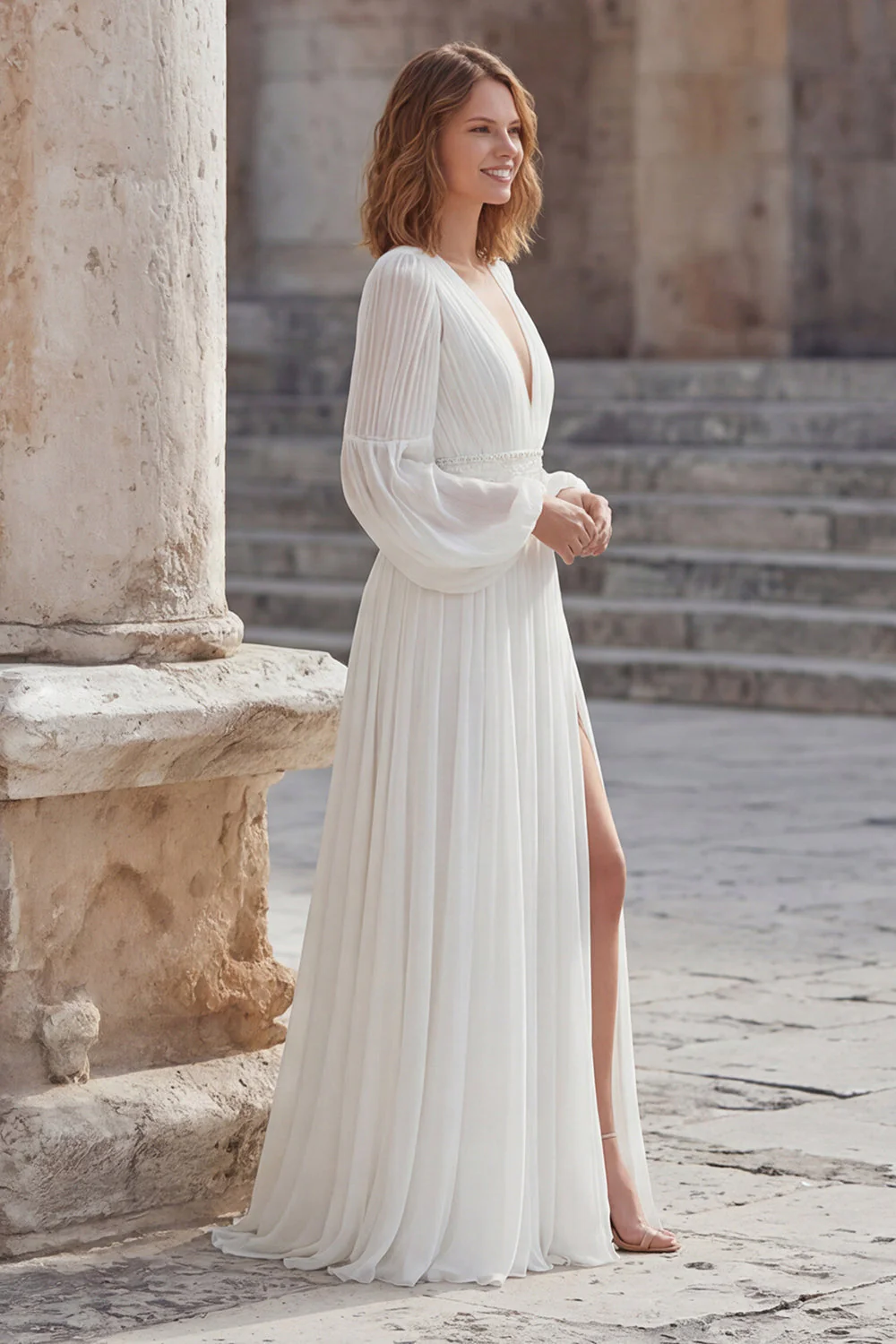 Ivory Chiffon A Line Long Wedding Dress with Slit - Image 3