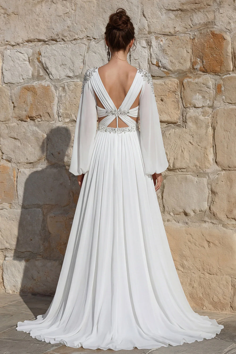 Ivory Chiffon Beaded A Line Long Wedding Dress with Slit - Image 2