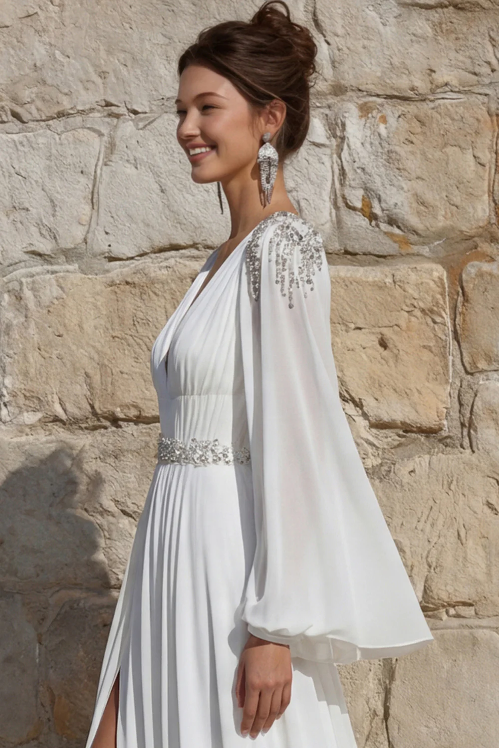 Ivory Chiffon Beaded A Line Long Wedding Dress with Slit - Image 6