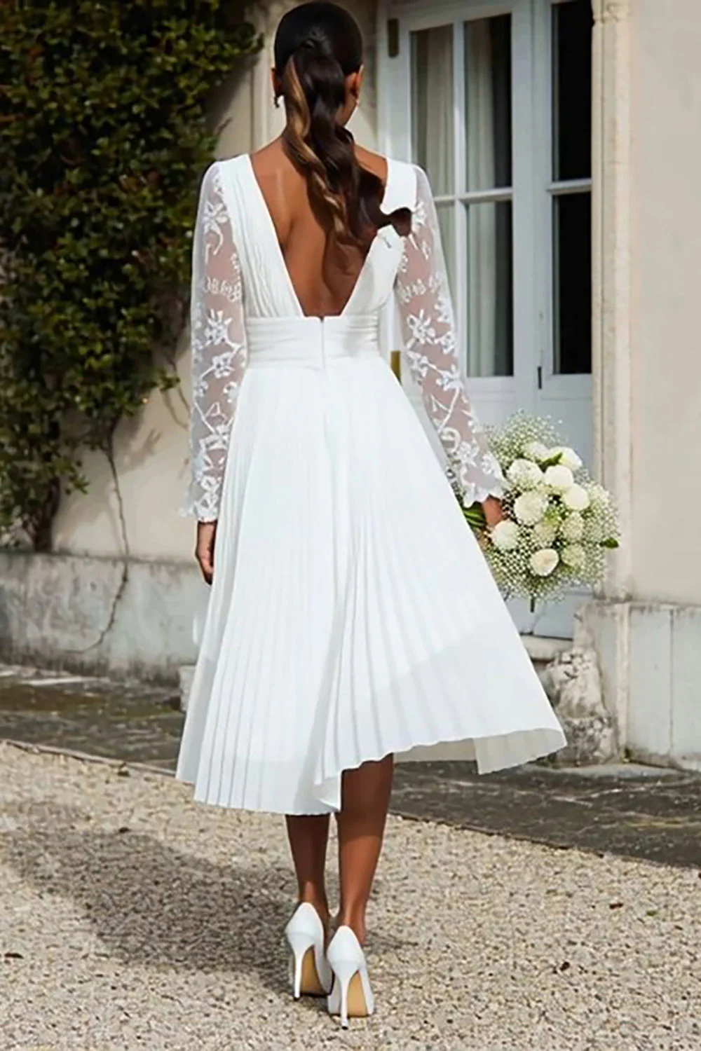 Ivory Chiffon V Neck A Line Pleated Midi Engagement Dress with Lace - Image 2