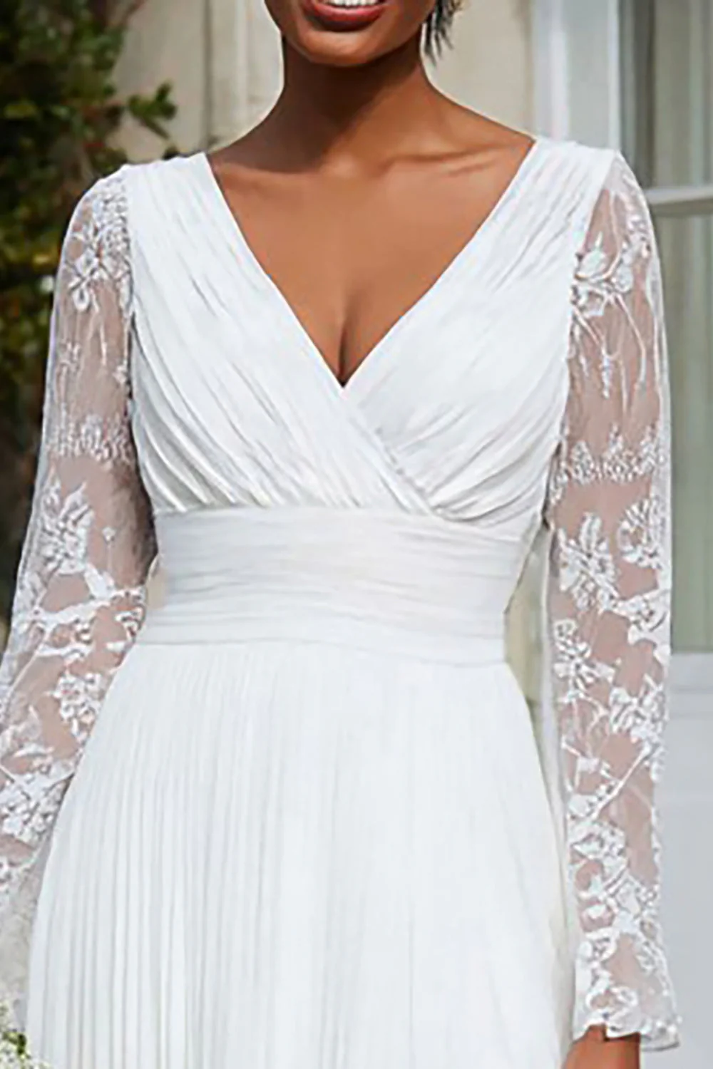 Ivory Chiffon V Neck A Line Pleated Midi Engagement Dress with Lace - Image 3