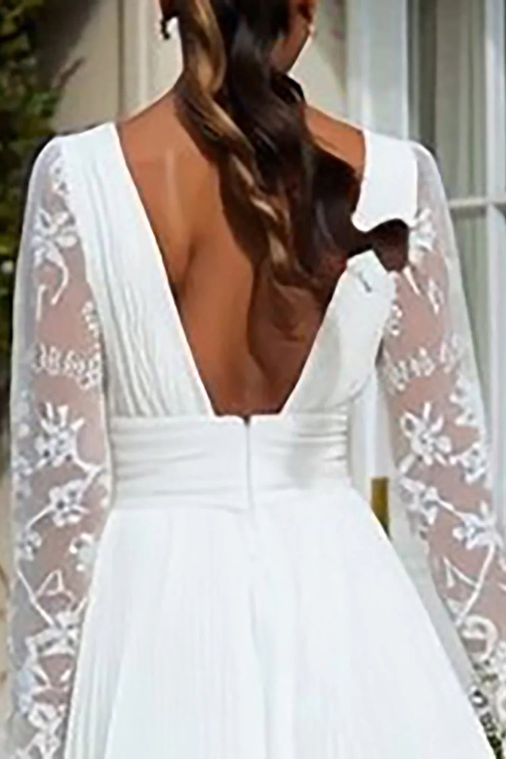 Ivory Chiffon V Neck A Line Pleated Midi Engagement Dress with Lace - Image 4