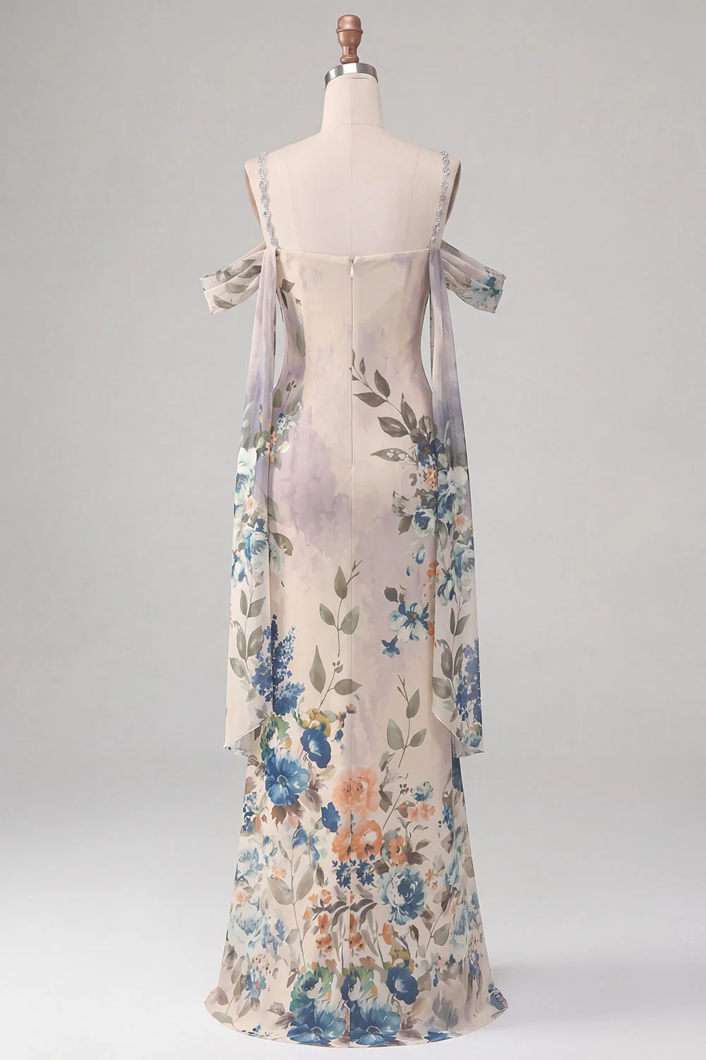 Ivory Cold Shoulder Mermaid Printed Maxi Floral Dress with Sash - Image 2
