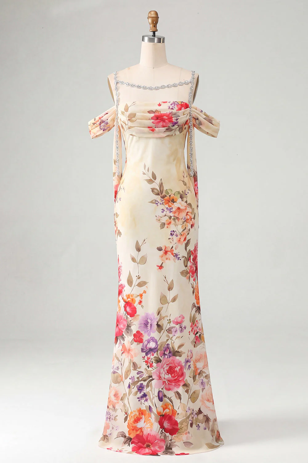 Ivory Cold Shoulder Mermaid Printed Maxi Floral Dress with Sash - Image 3