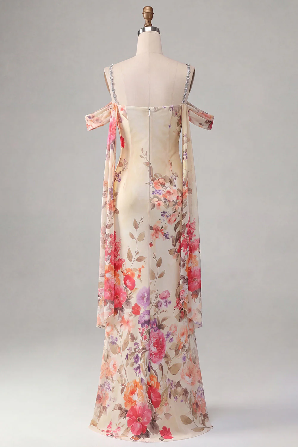 Ivory Cold Shoulder Mermaid Printed Maxi Floral Dress with Sash - Image 4