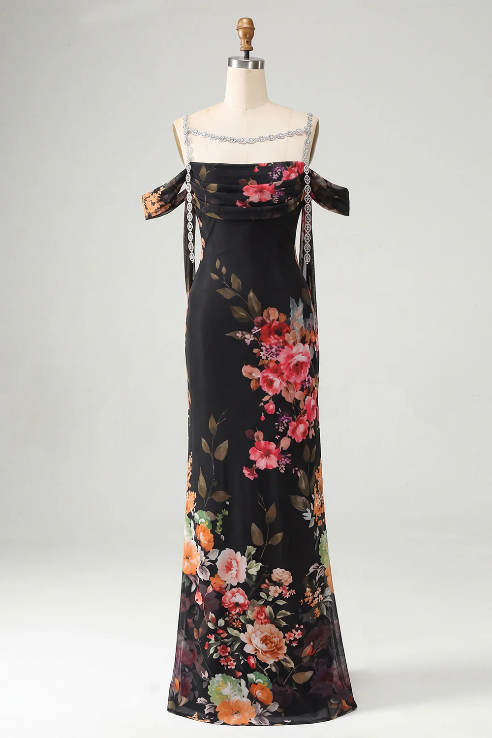 Ivory Cold Shoulder Mermaid Printed Maxi Floral Dress with Sash - Image 5