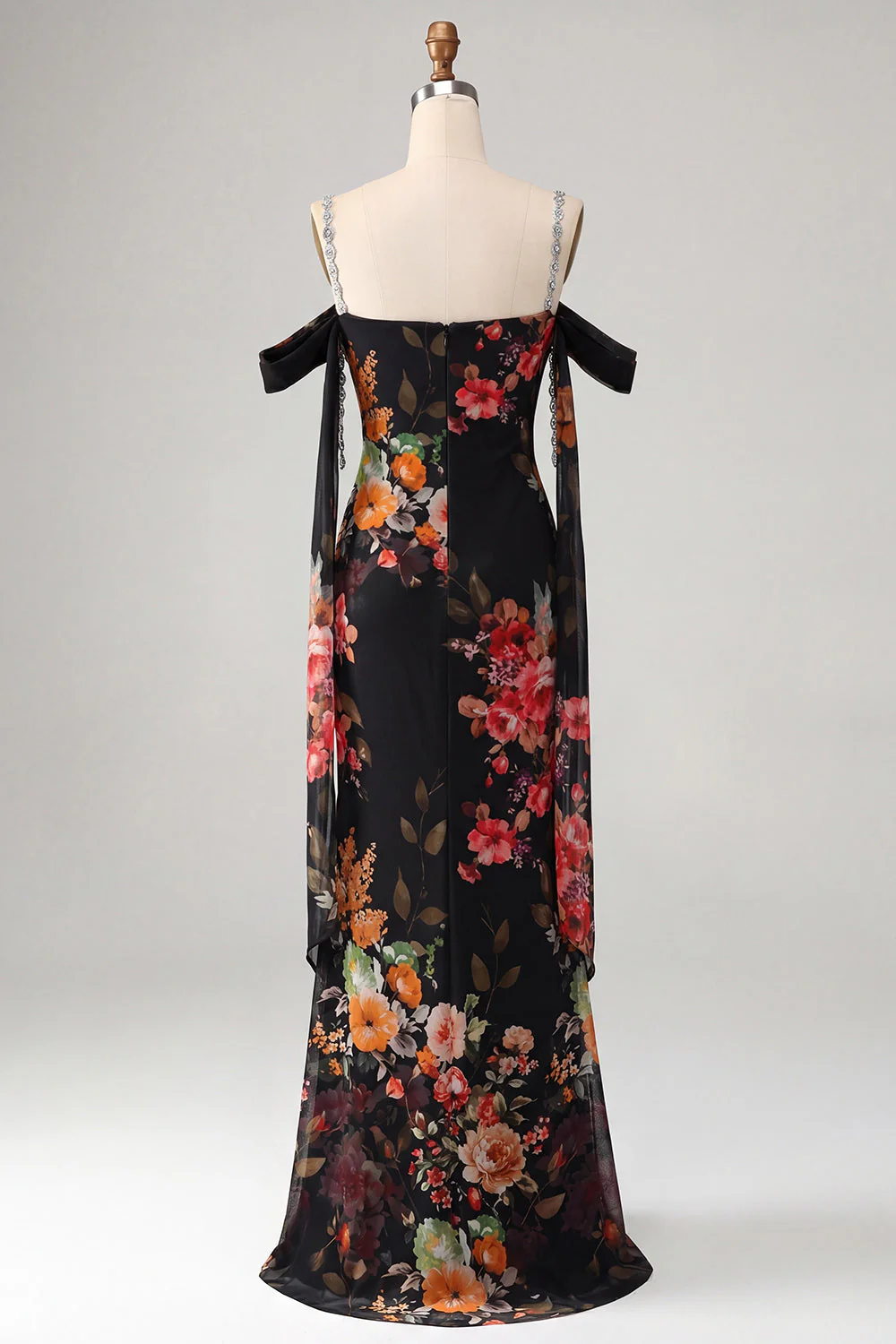 Ivory Cold Shoulder Mermaid Printed Maxi Floral Dress with Sash - Image 6