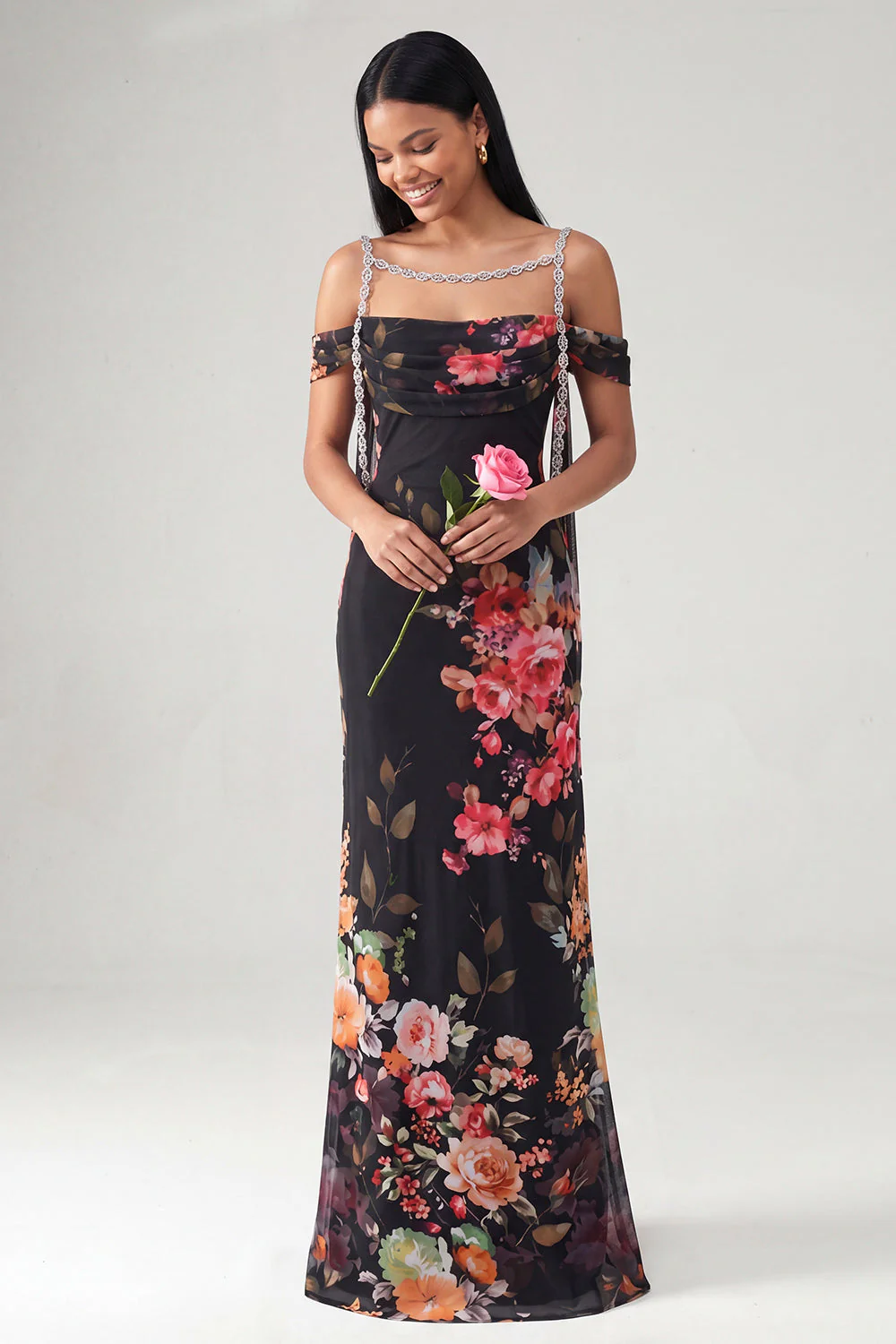Ivory Cold Shoulder Mermaid Printed Maxi Floral Dress with Sash - Image 7