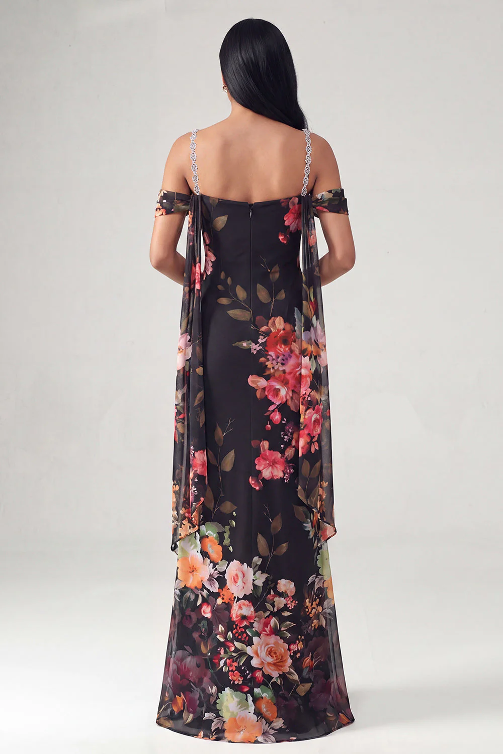 Ivory Cold Shoulder Mermaid Printed Maxi Floral Dress with Sash - Image 8