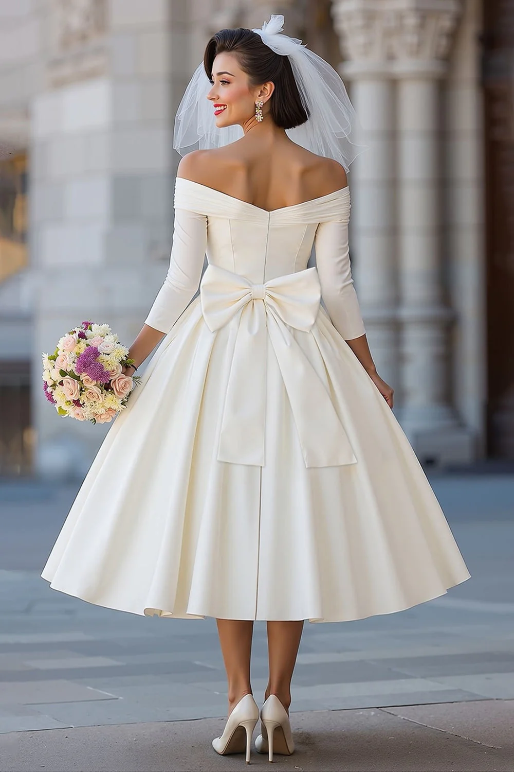 Ivory Corset Off the Shoulder Midi Wedding Dress with Detachable Bow - Image 2