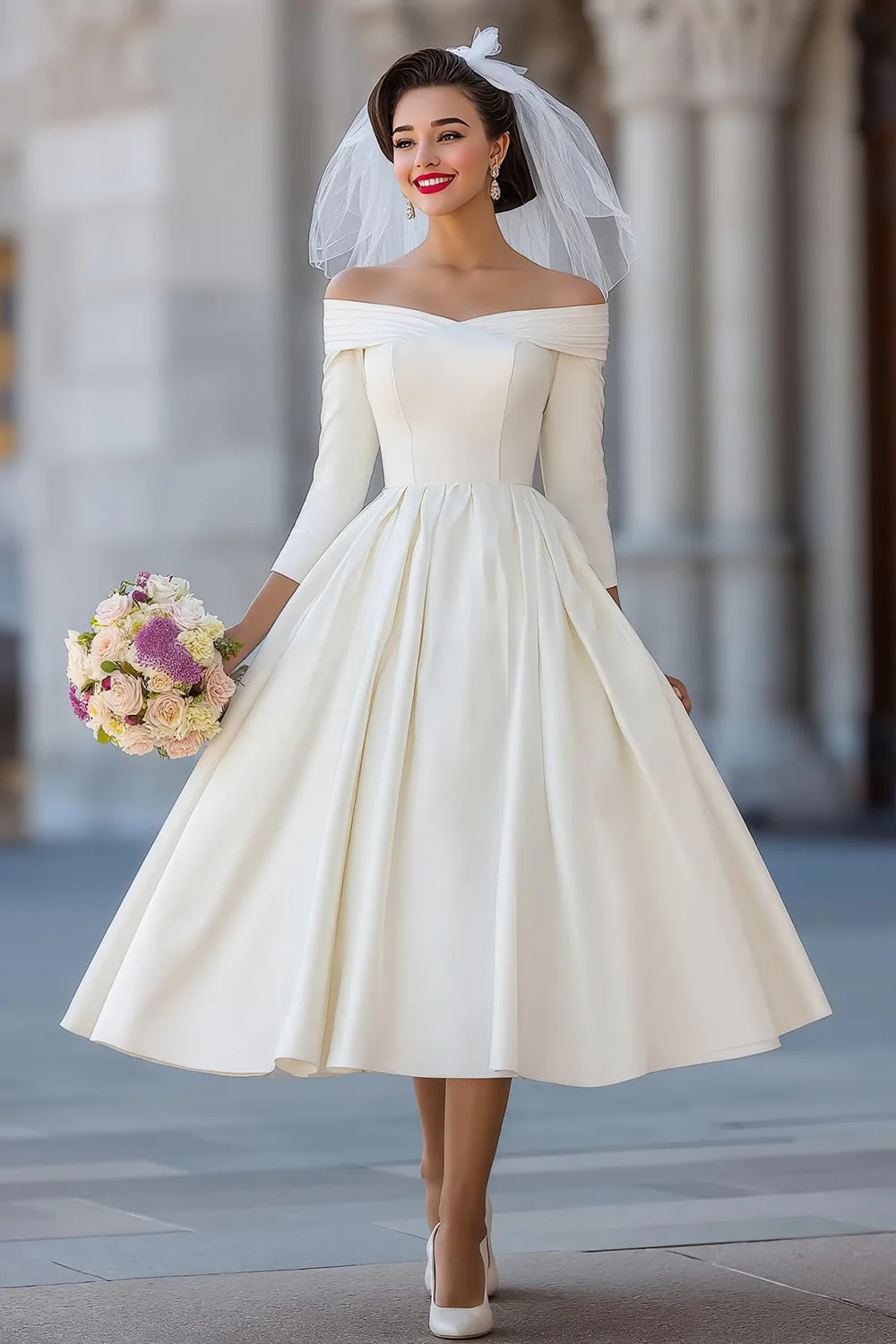 Ivory Corset Off the Shoulder Midi Wedding Dress with Detachable Bow - Image 3