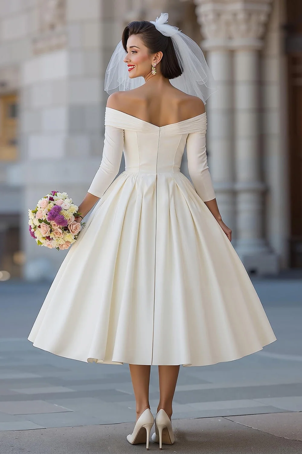 Ivory Corset Off the Shoulder Midi Wedding Dress with Detachable Bow - Image 4