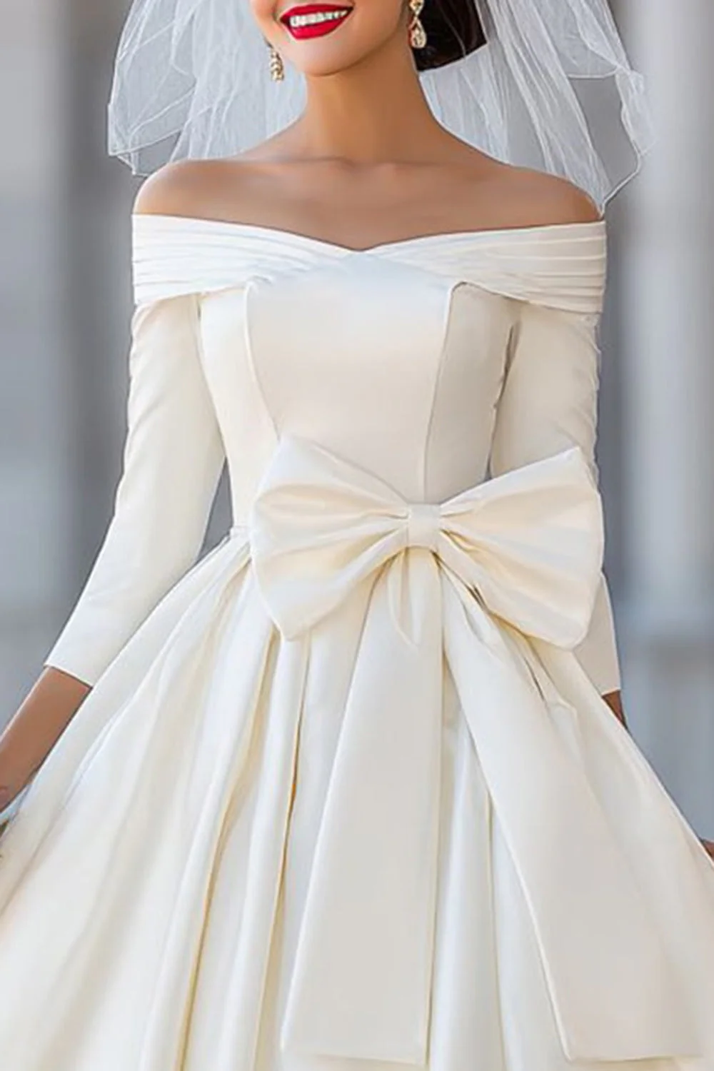 Ivory Corset Off the Shoulder Midi Wedding Dress with Detachable Bow - Image 5