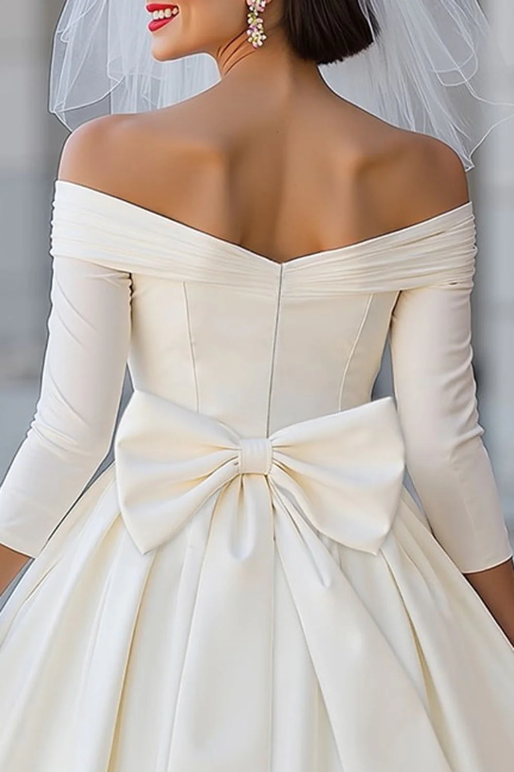 Ivory Corset Off the Shoulder Midi Wedding Dress with Detachable Bow - Image 6