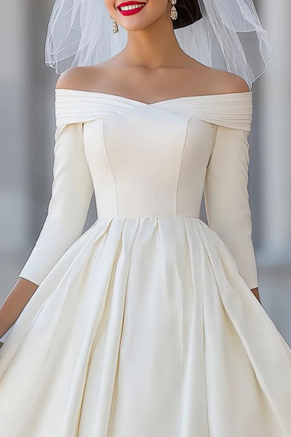 Ivory Corset Off the Shoulder Midi Wedding Dress with Detachable Bow - Image 7
