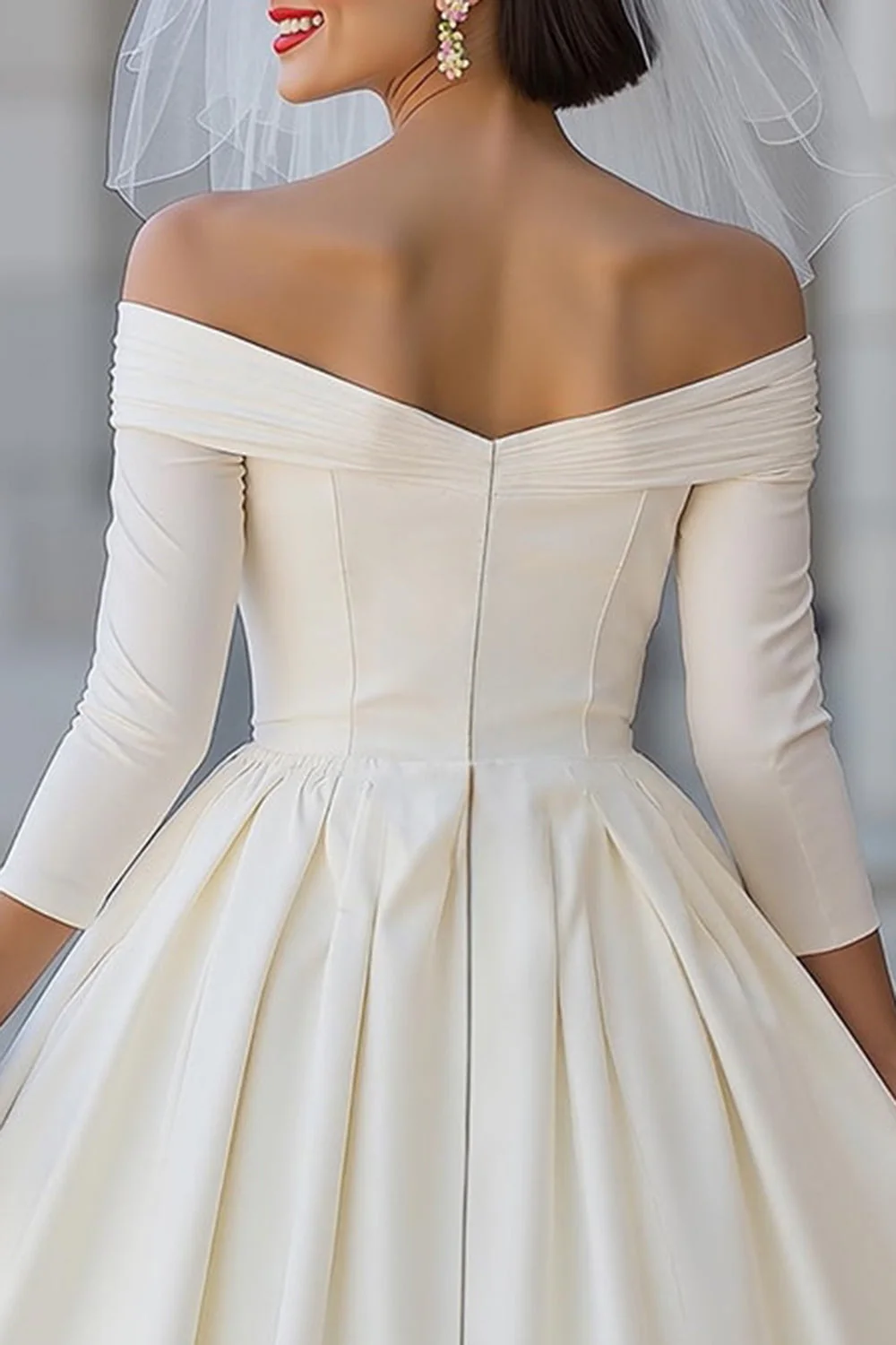 Ivory Corset Off the Shoulder Midi Wedding Dress with Detachable Bow - Image 8