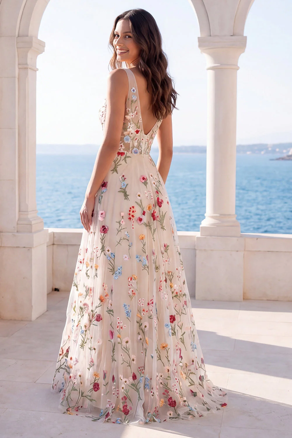 Ivory Floral A Line V Neck Wedding Dress with Embroidery - Image 2