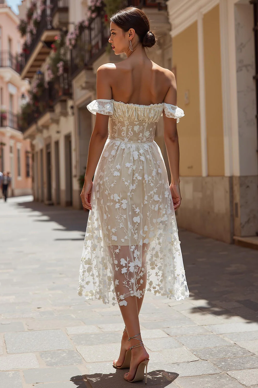 Ivory Floral Off the Shoulder Corset A Line Midi Wedding Dress - Image 2
