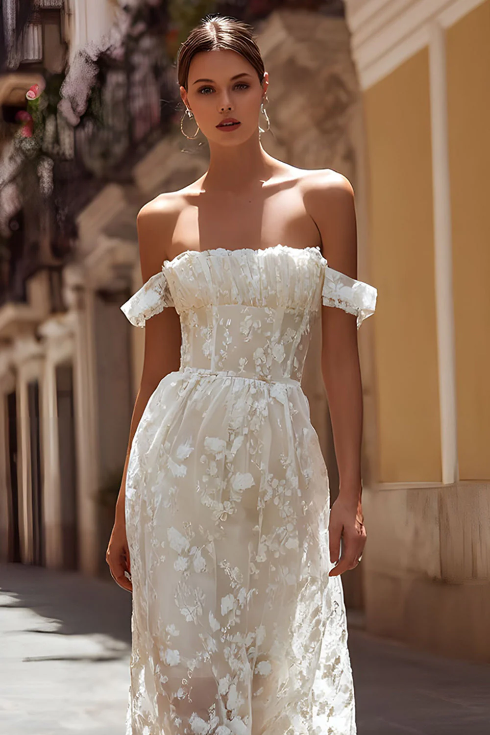 Ivory Floral Off the Shoulder Corset A Line Midi Wedding Dress - Image 3