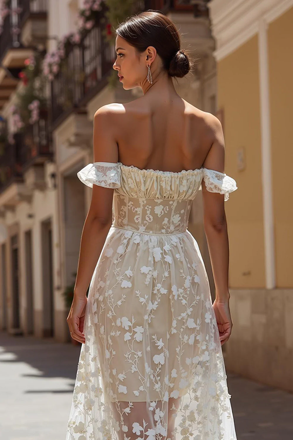 Ivory Floral Off the Shoulder Corset A Line Midi Wedding Dress - Image 4