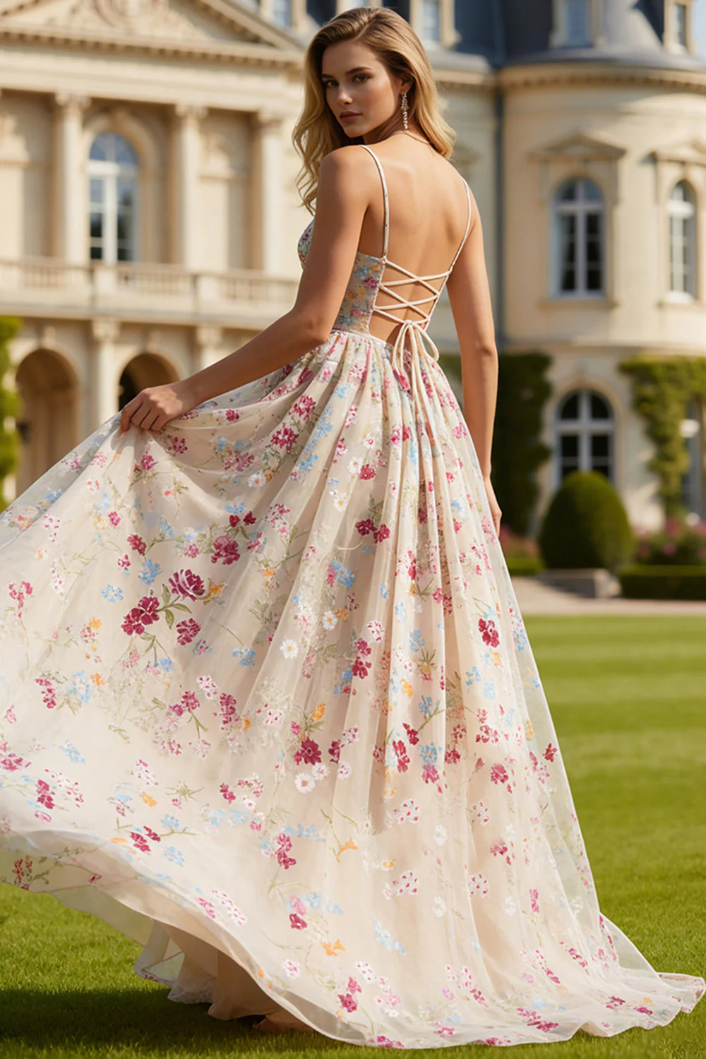 Ivory Flower A-Line Corset Lace Up Back Long Prom Dress with Bow - Image 2