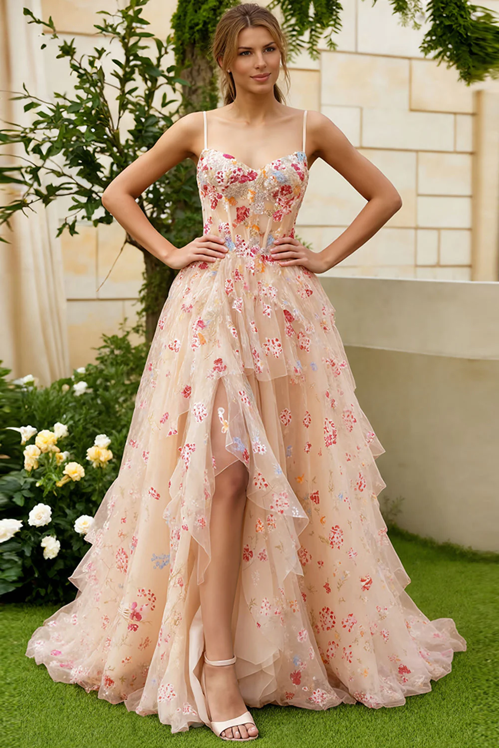 Ivory Flower A Line Corset Ruffled Long Prom Dress with Slit - Image 10