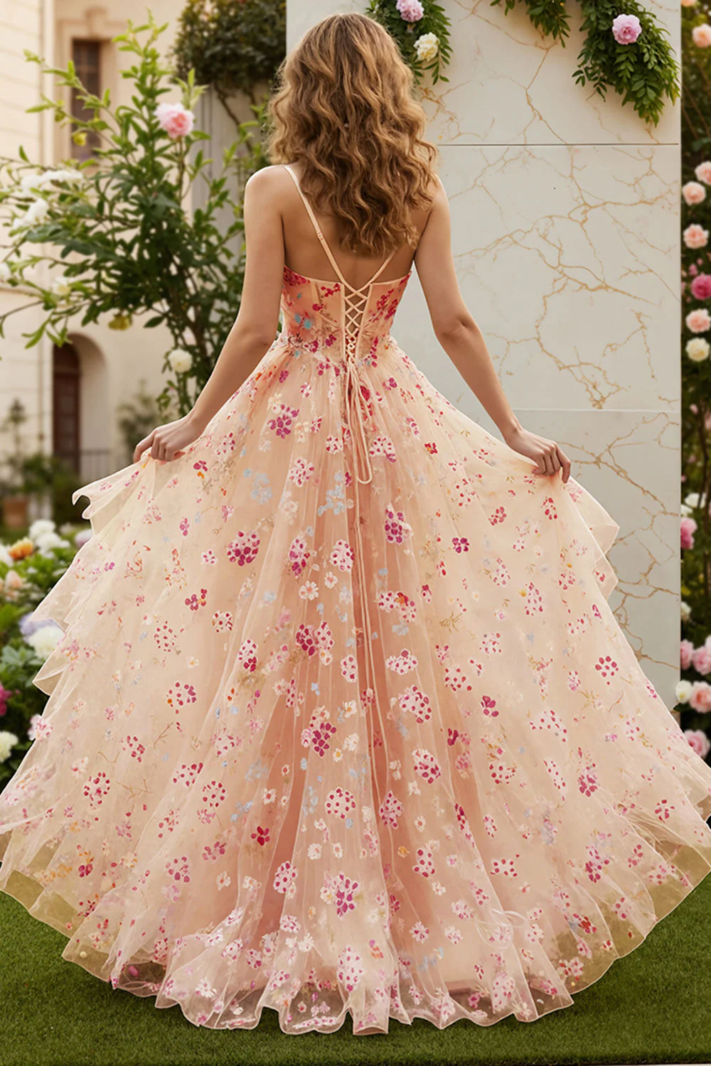 Ivory Flower A Line Corset Ruffled Long Prom Dress with Slit - Image 11